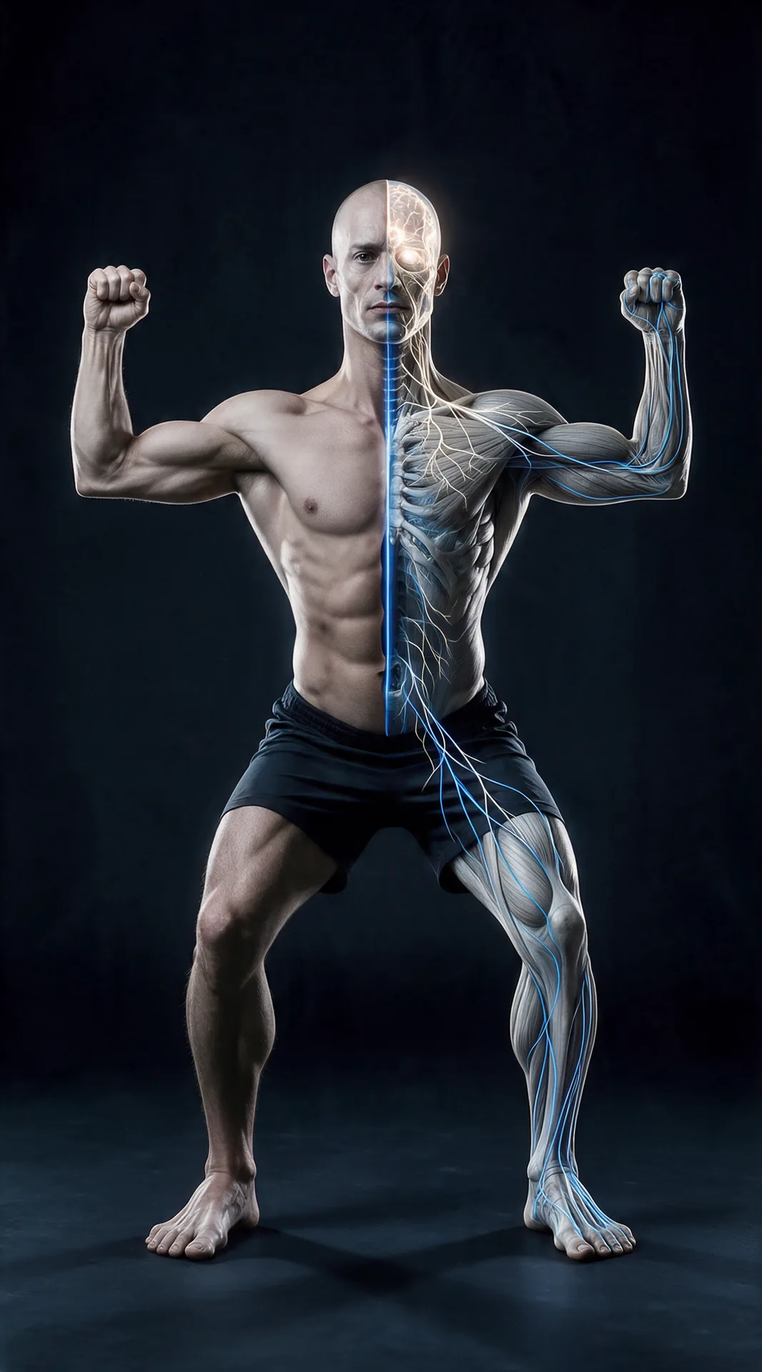 Anatomical figure showing the nervous system lit in blue